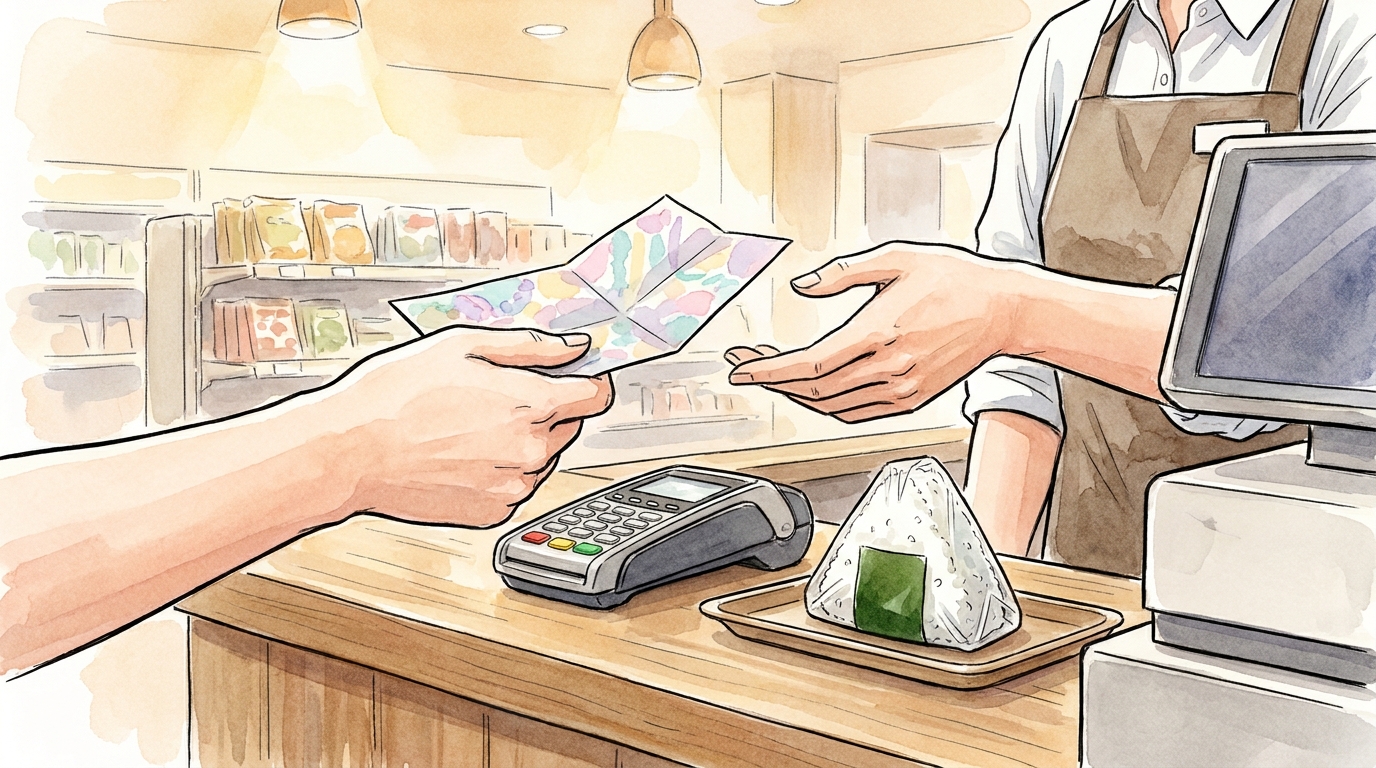 Illustration: a hand passing a banknote across a Japanese convenience store register counter with a rice ball on the counter