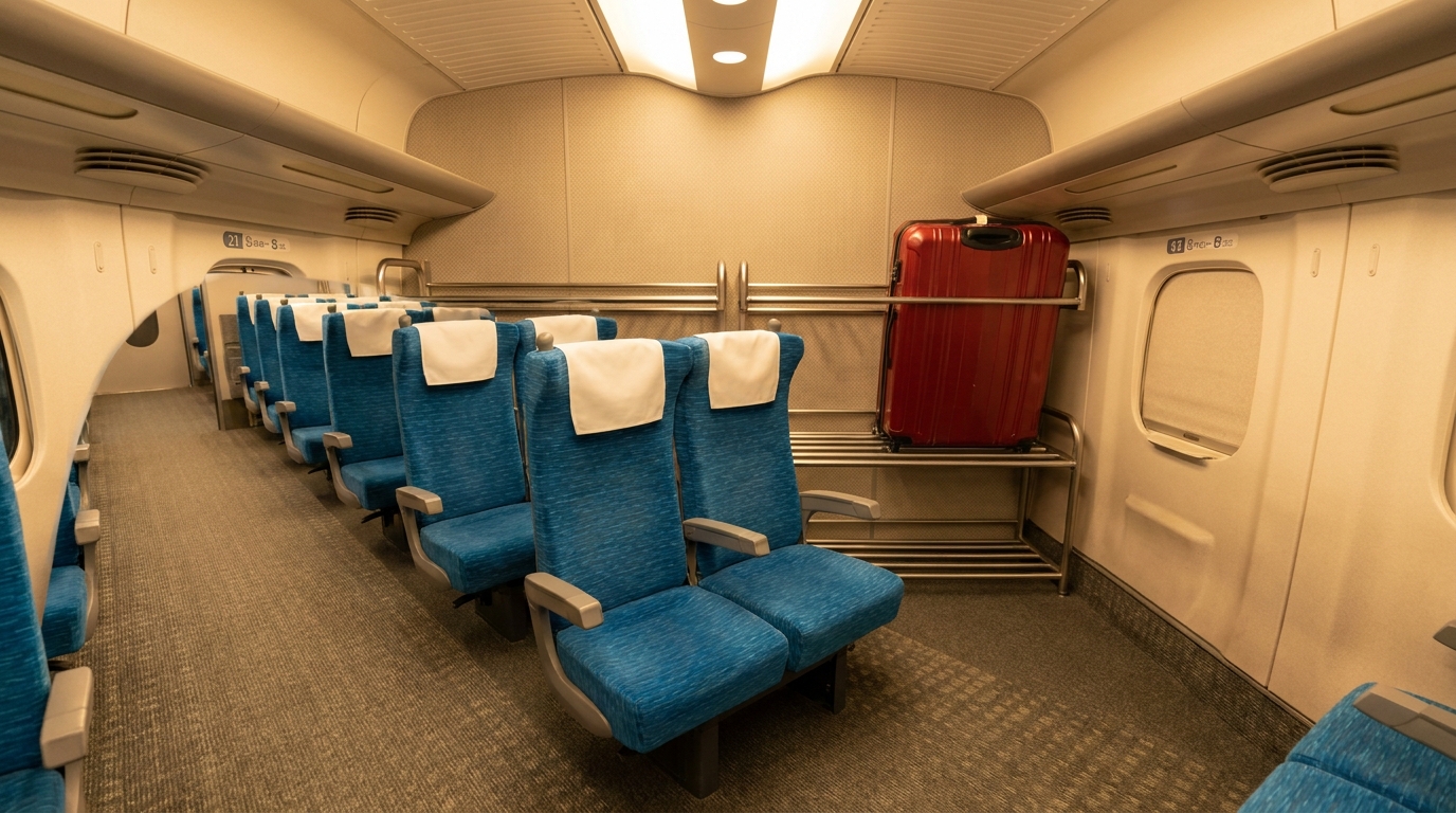 Last row of a Shinkansen car with a large red suitcase in the dedicated luggage space