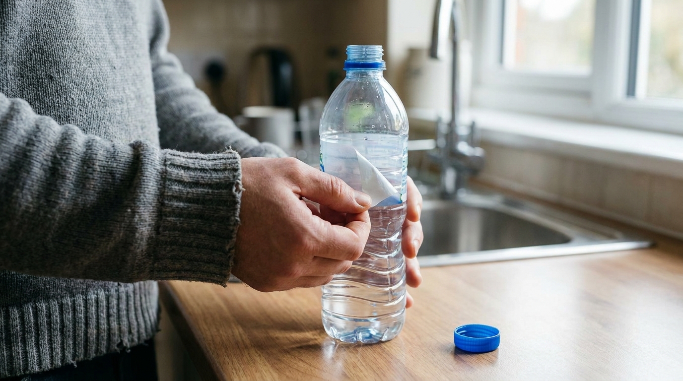 Hands removing label from a PET bottle and cap on counter