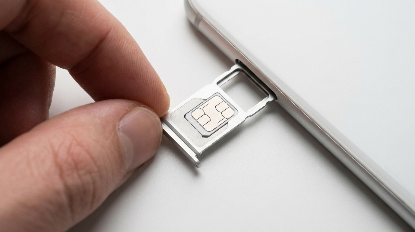 Hand inserting physical SIM card into smartphone tray