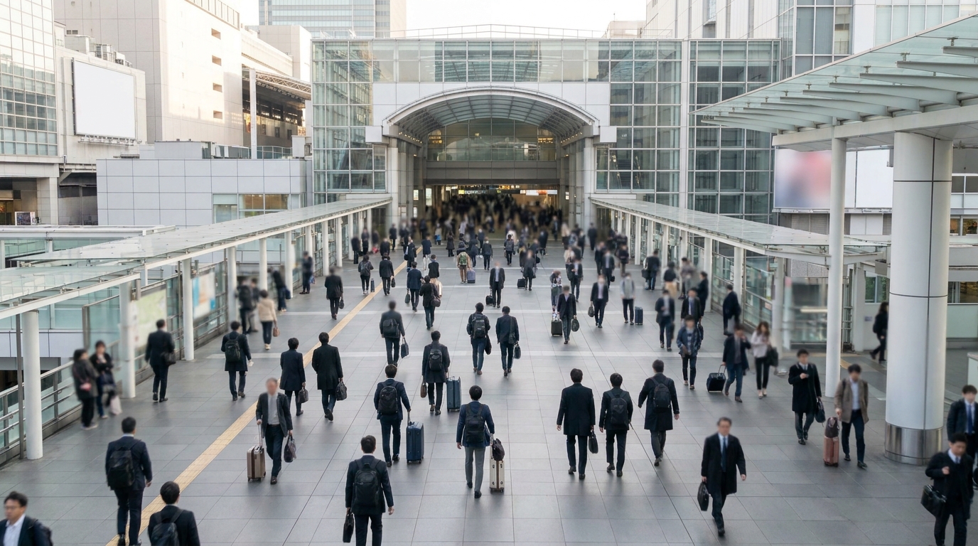 Tokyo station entrance with travelers and lockers visible