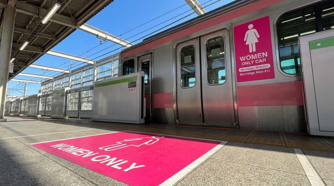 Bright pink Women Only Car signage on a Tokyo train and platform