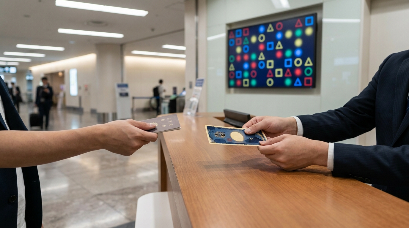 A Japanese airport currency exchange counter with a passport and banknotes about to be exchanged