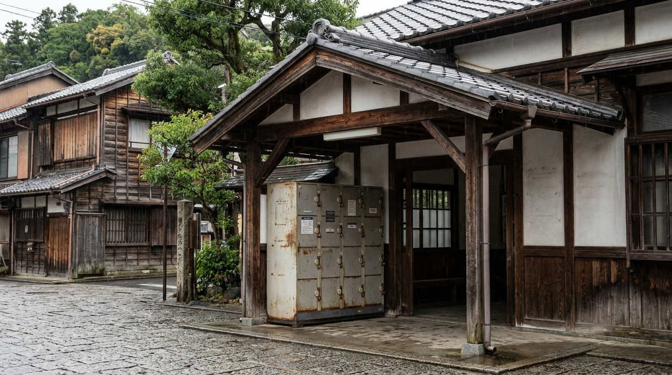 Locker bank near a traditional-roofed station entrance