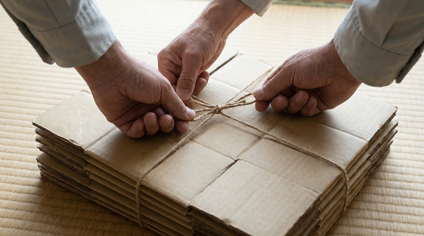 Hands tying flattened cardboard with twine in cross pattern