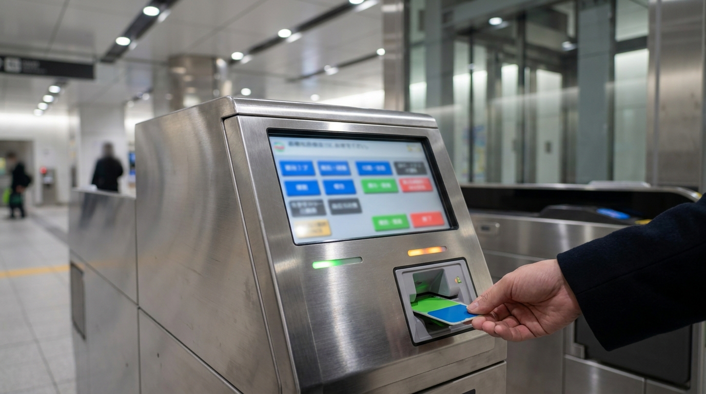 Hand inserting an IC card into a Japanese train station fare adjustment machine