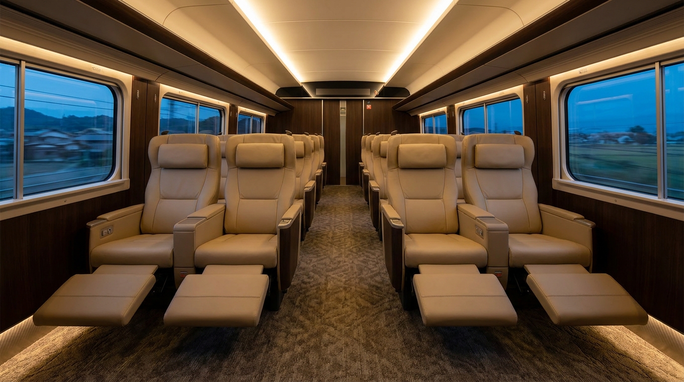 Interior of a Shinkansen Green Car with 2-plus-2 seat layout and warm lighting