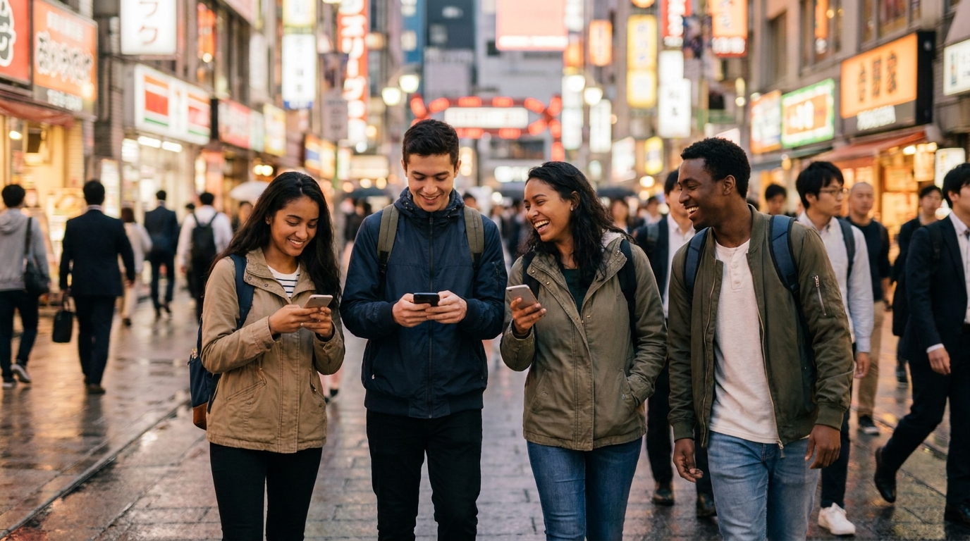 Group of tourists walking in Tokyo evening street using smartphones