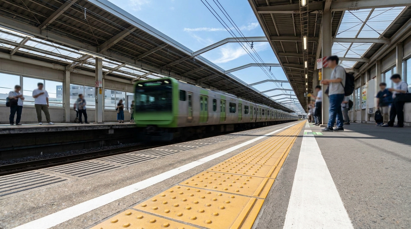 Yellow tactile paving on a Tokyo platform near the safety line with an arriving train