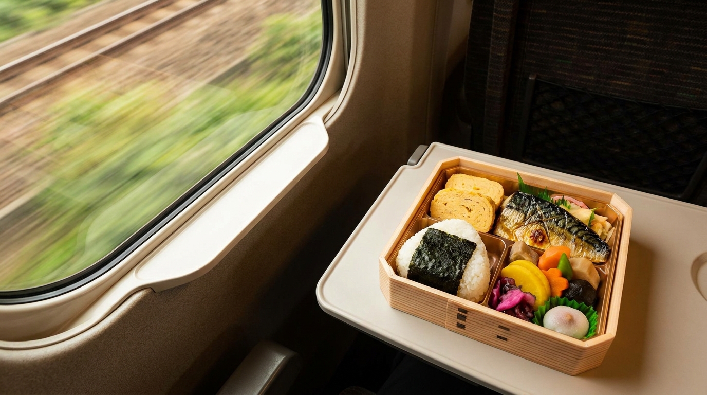 A traditional Japanese ekiben bento box on a tray table inside a moving Shinkansen