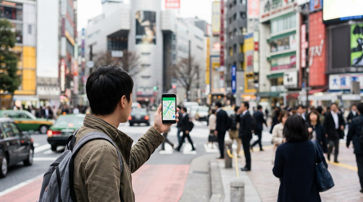 Tourist navigating Tokyo intersection using smartphone map