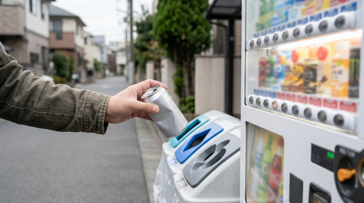 A hand dropping an empty drink can into the sorting recycling bin next to a vending machine