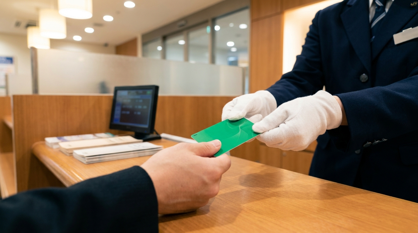 Hand receiving a green IC card across a Japanese JR Travel Service Center counter