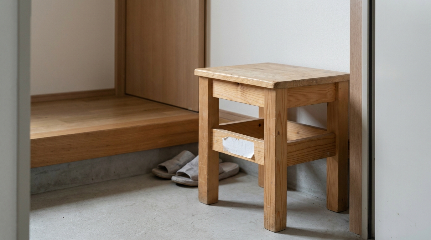 Small wooden furniture with disposal sticker at hallway entry