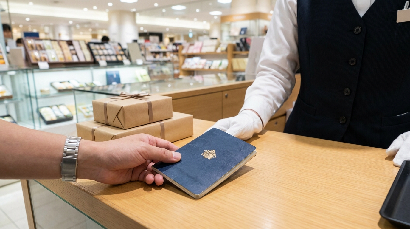 A traveler's hand placing a passport on a Japanese department store register counter for a tax-free purchase