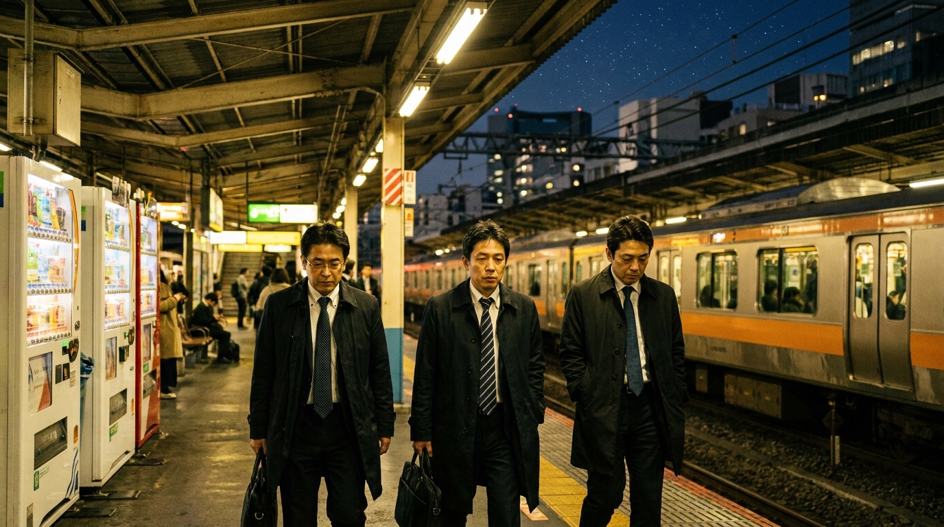 Late-night Tokyo platform on a Friday night with salarymen heading to the last train