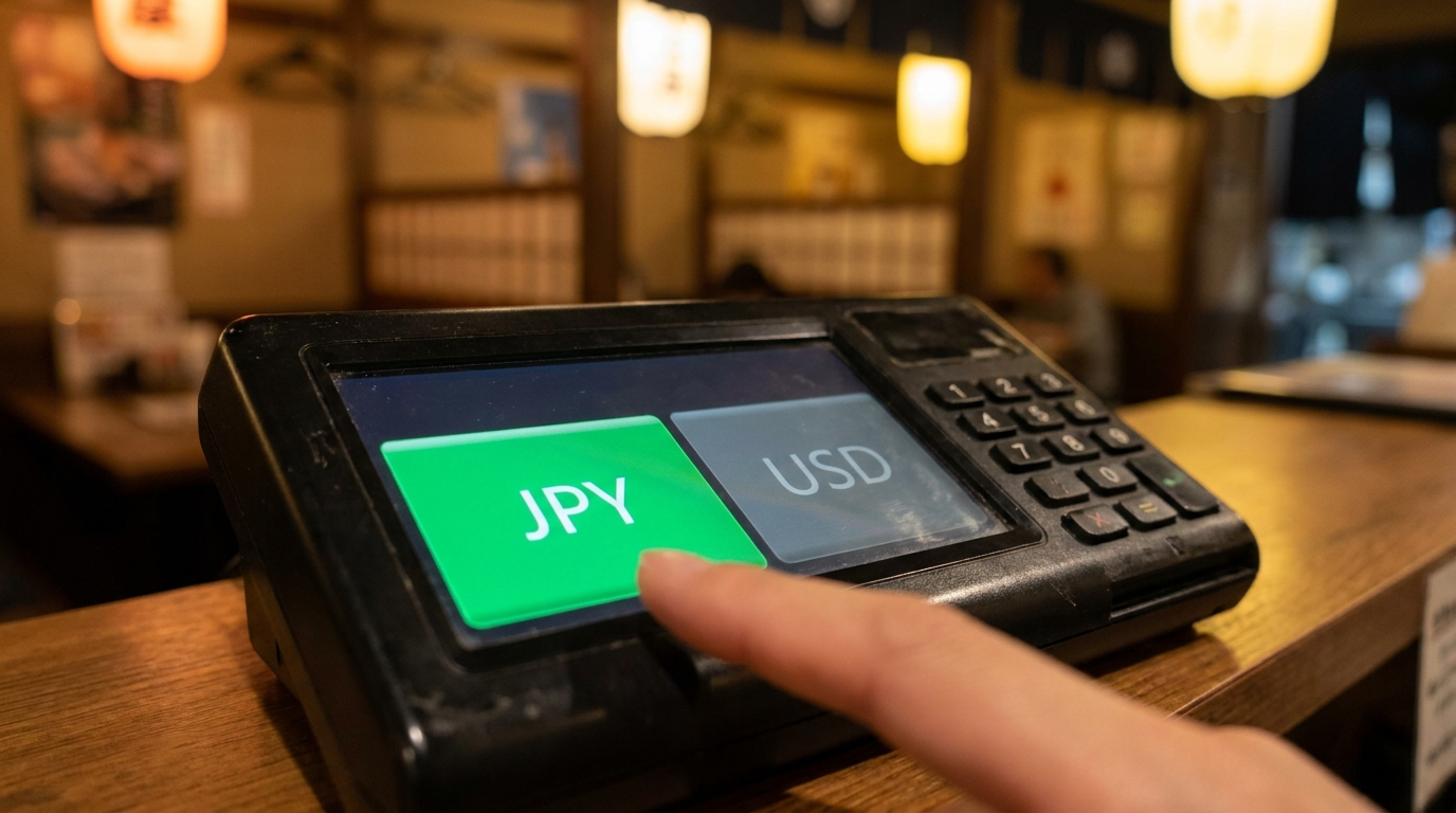 A card payment terminal showing JPY selected in green and USD greyed out for Dynamic Currency Conversion