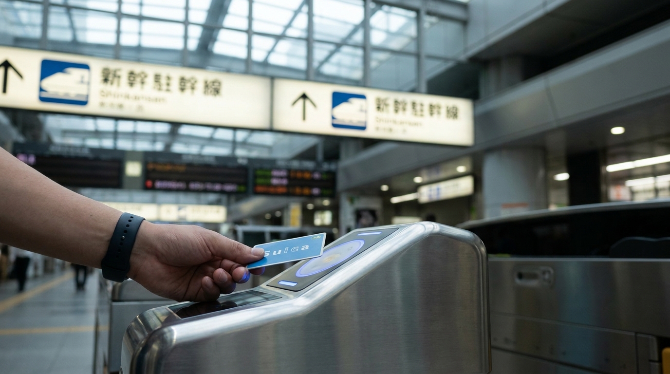 Hand tapping a blue Suica IC card on a Japanese train station ticket gate reader