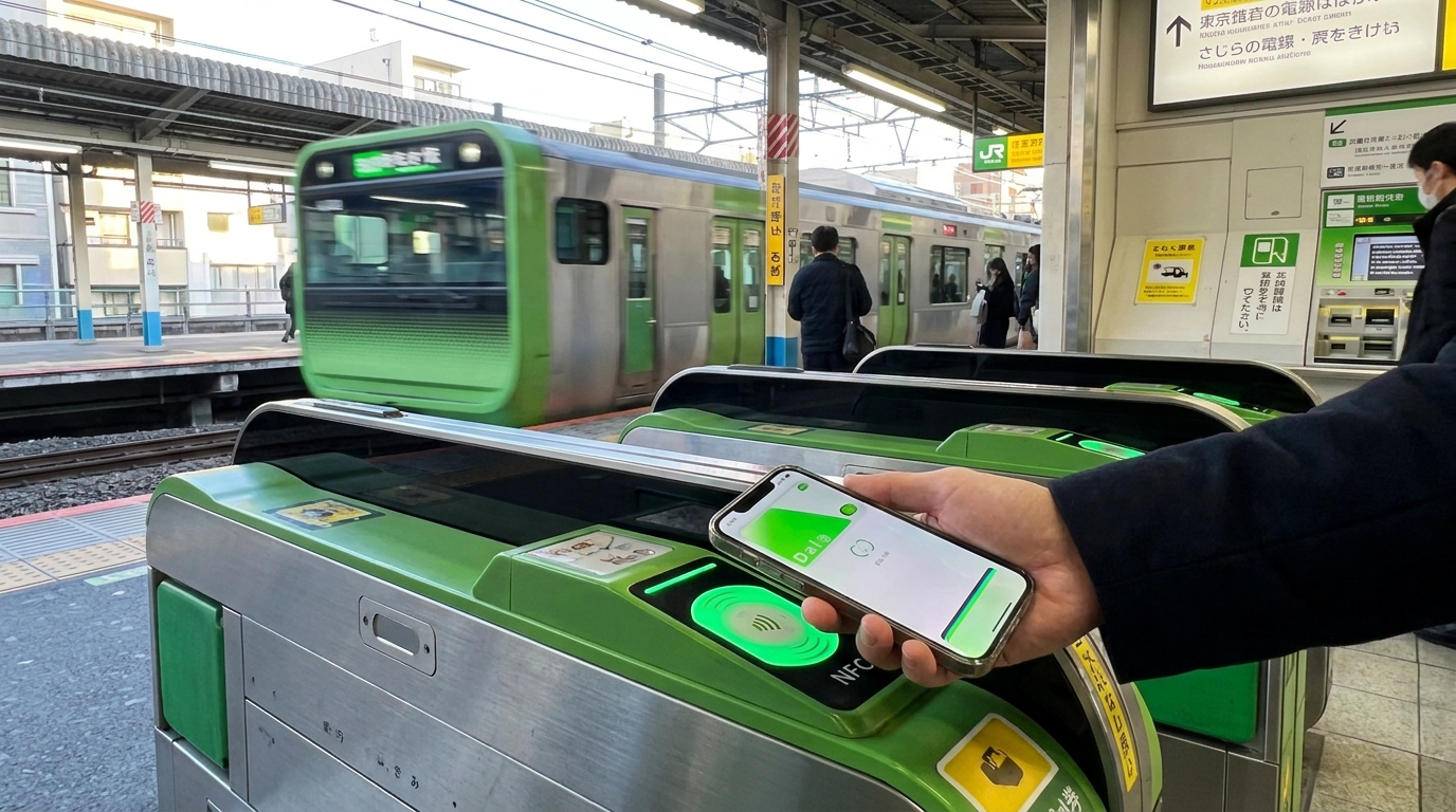 Hand tapping an iPhone on the green NFC reader at a Tokyo train station ticket gate
