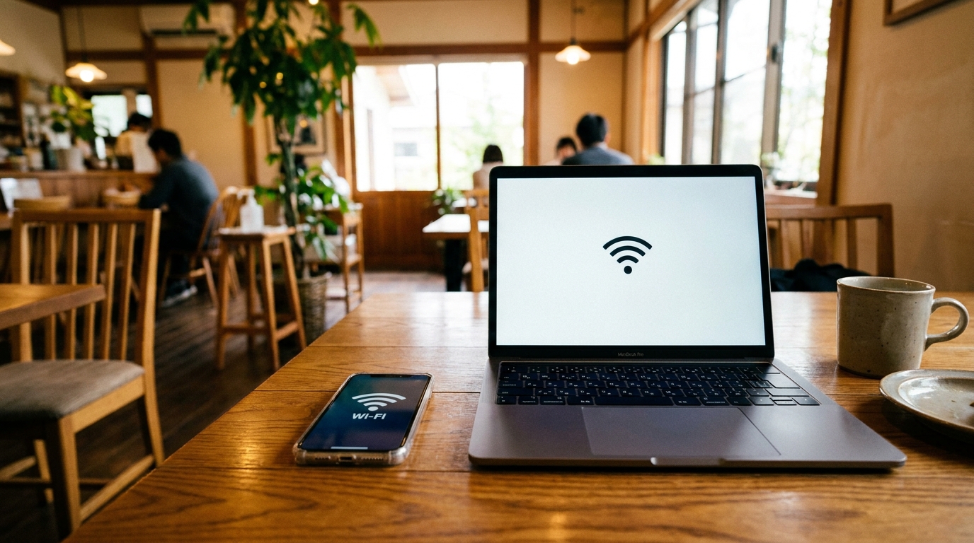 Smartphone tethering to laptop in a Japanese cafe