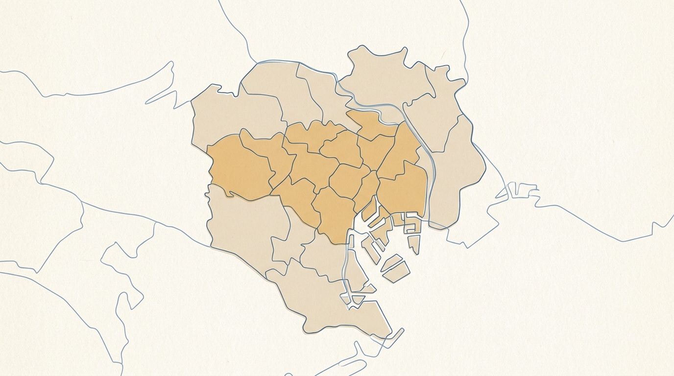 Abstract minimalist line-art map of central Tokyo wards