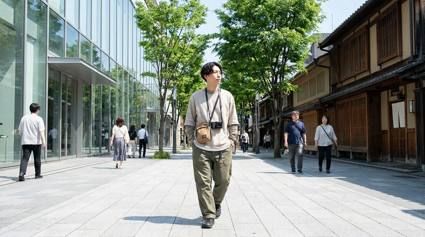 Traveler walking hands-free through a Tokyo street