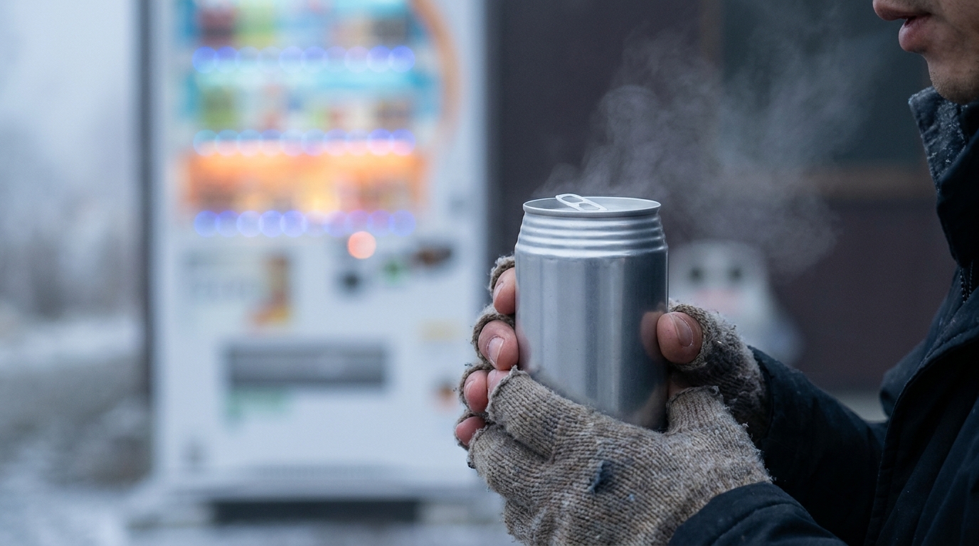 Two hands cupping a warm canned coffee on a cold winter morning beside a glowing vending machine