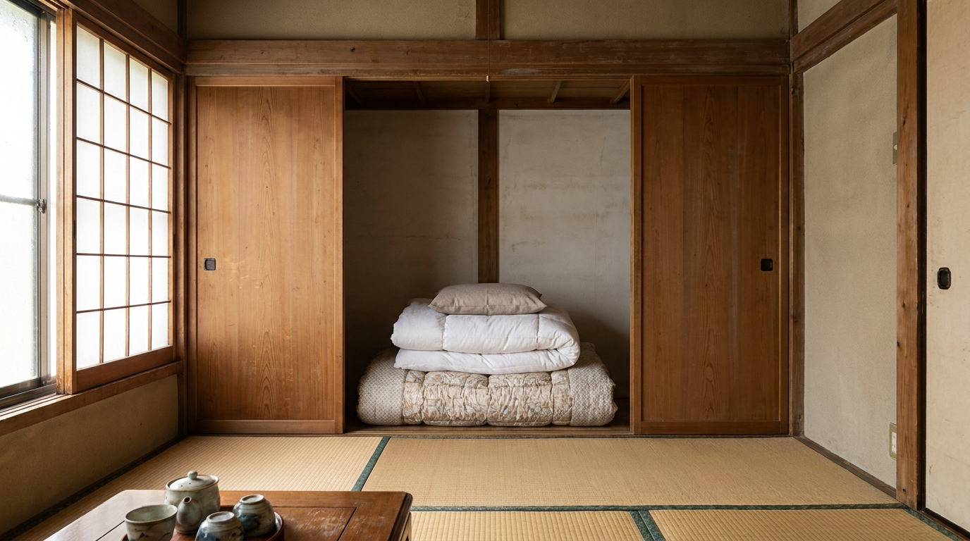 Folded futon set stored in a Japanese oshiire closet