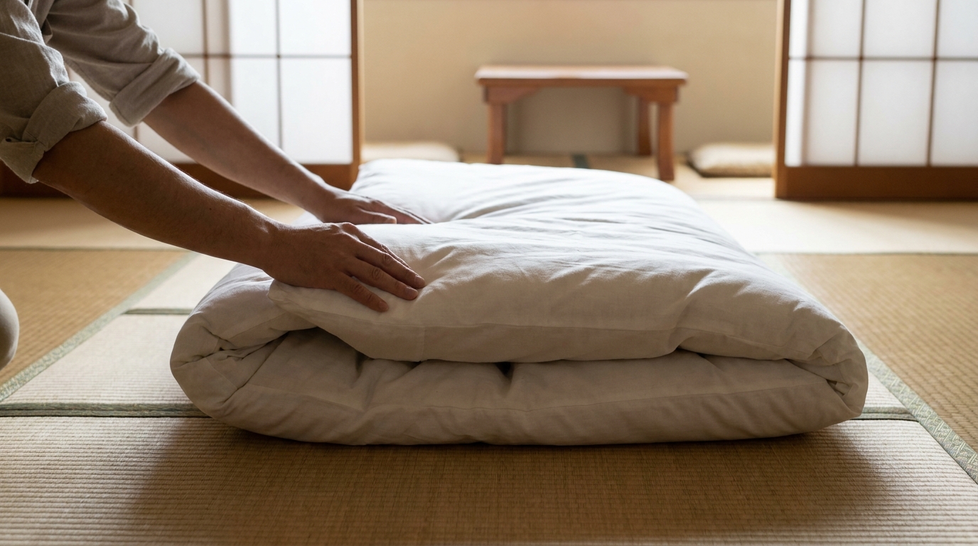 Hands folding a Japanese shikibuton mattress into thirds