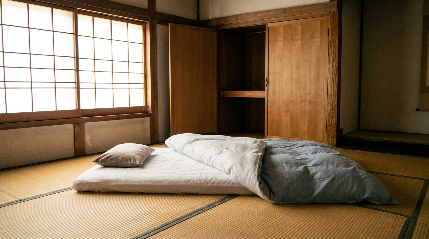 A neatly laid out Japanese futon on tatami mats in a traditional room