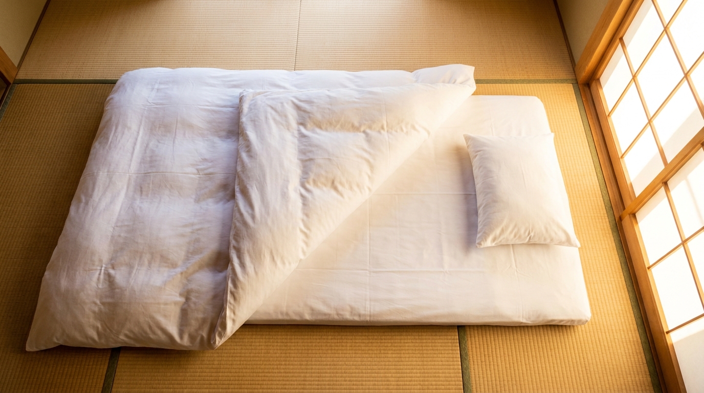 Japanese futon laid out on tatami mat flooring