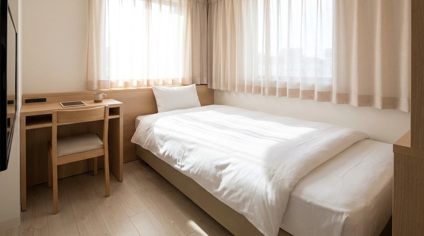 Western-style single bed in a modern Japanese hotel room