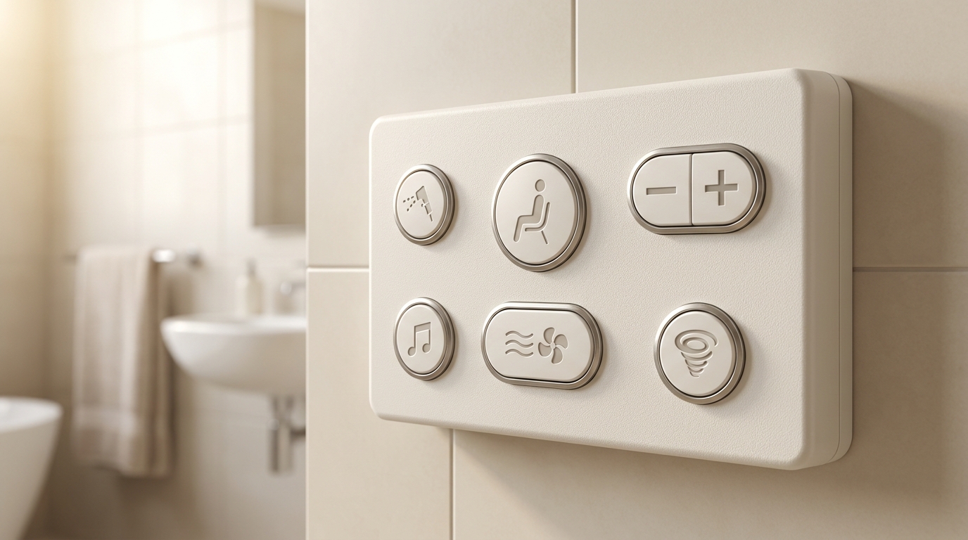 Close-up of a modern Japanese washlet toilet remote control panel mounted on a clean bathroom wall, buttons marked with universal pictograms only