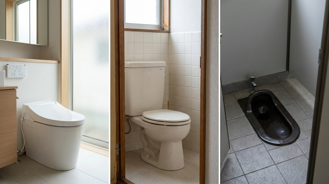 Photographic comparison of three Japanese toilet types side by side: a modern Western washlet toilet, a plain Western flush toilet, and a traditional ceramic squat toilet