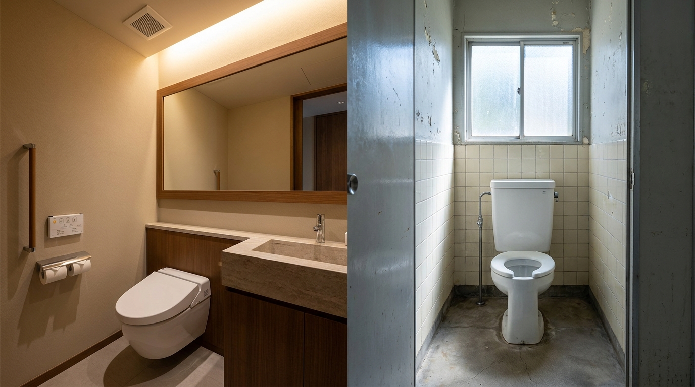 Split image comparing a modern Japanese hotel bathroom with washlet on the left and an older public park restroom with a plain Western toilet on the right
