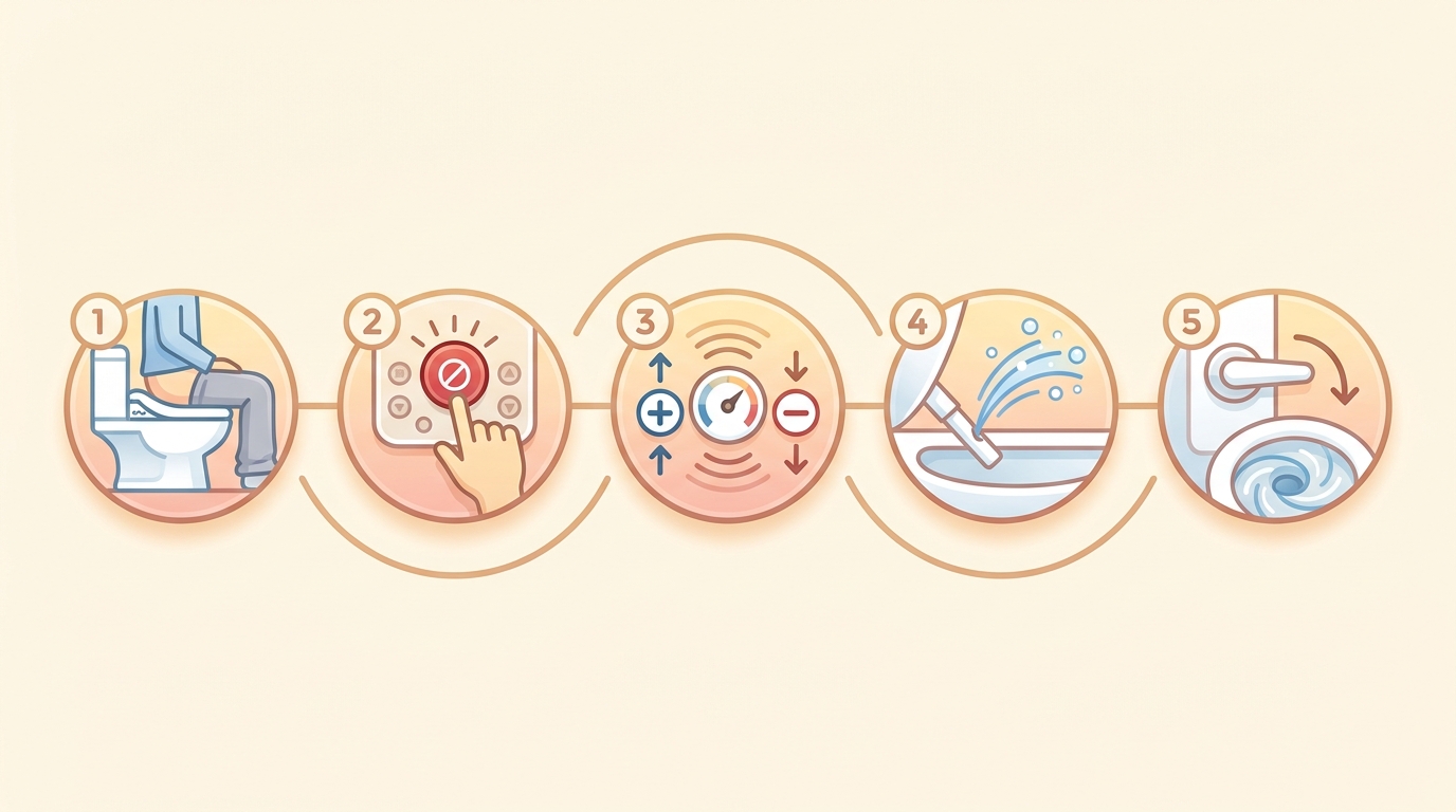 Five-step infographic showing the basic sequence for using a Japanese washlet toilet for the first time