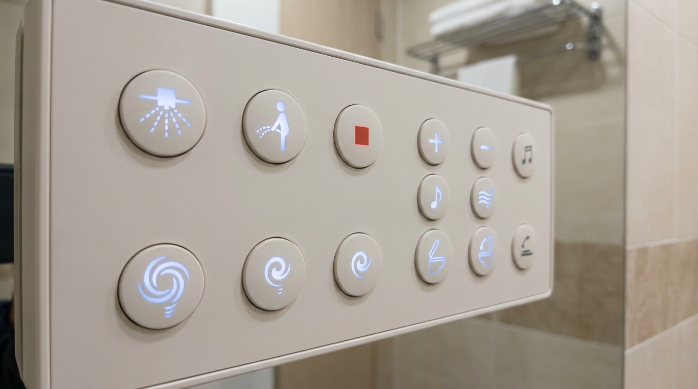 Overhead photograph of a Japanese washlet toilet remote control panel with multiple buttons each marked with simple universal pictograms