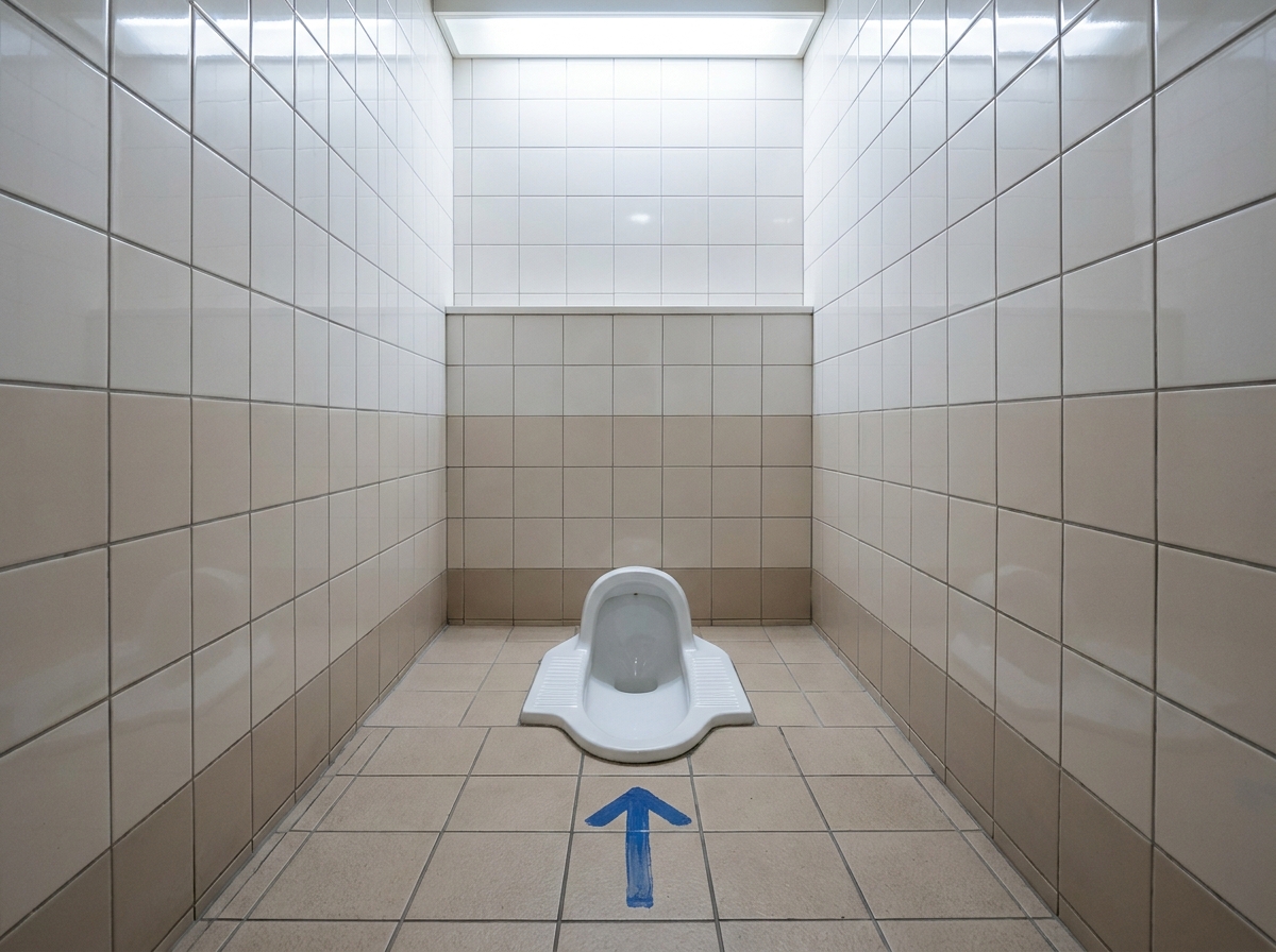 Photograph of a traditional Japanese squat toilet (washiki) inside a clean public restroom stall with a directional arrow indicating the correct facing direction toward the hood