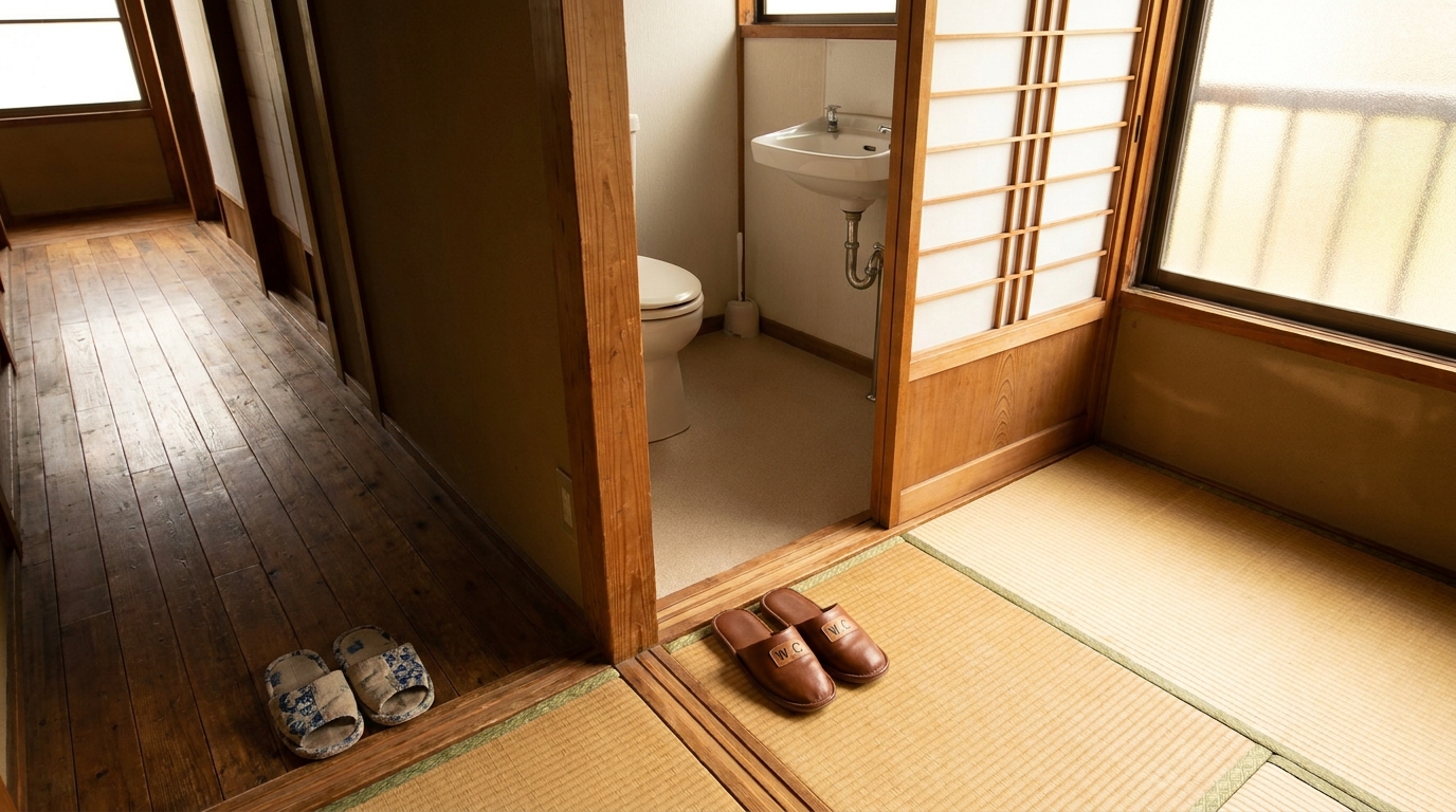 A pair of designated toilet slippers placed at the entrance of a Japanese ryokan toilet room, with regular indoor slippers visible nearby on the wooden hallway floor