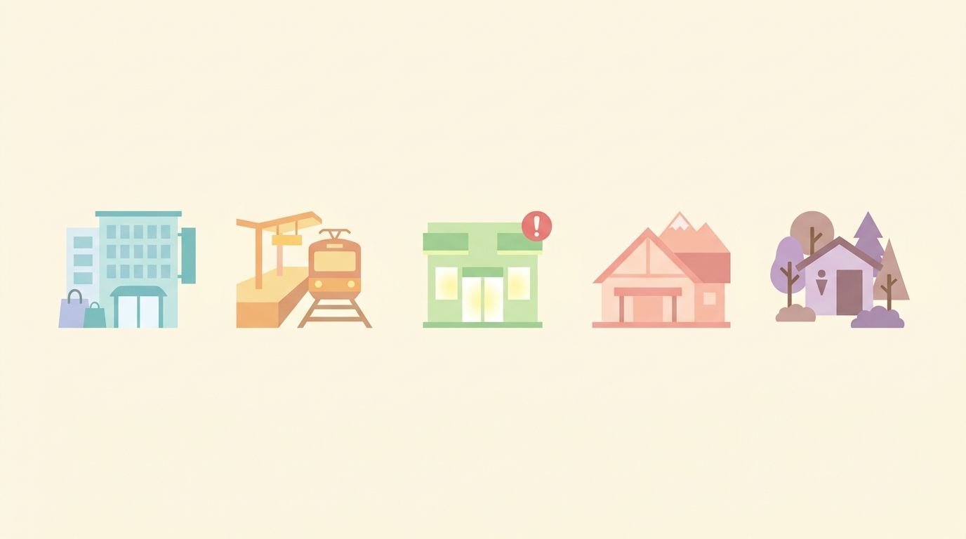 Flat icon set illustrating five Japanese public toilet location types: department store, train station, convenience store with caution badge, roadside station, and public park