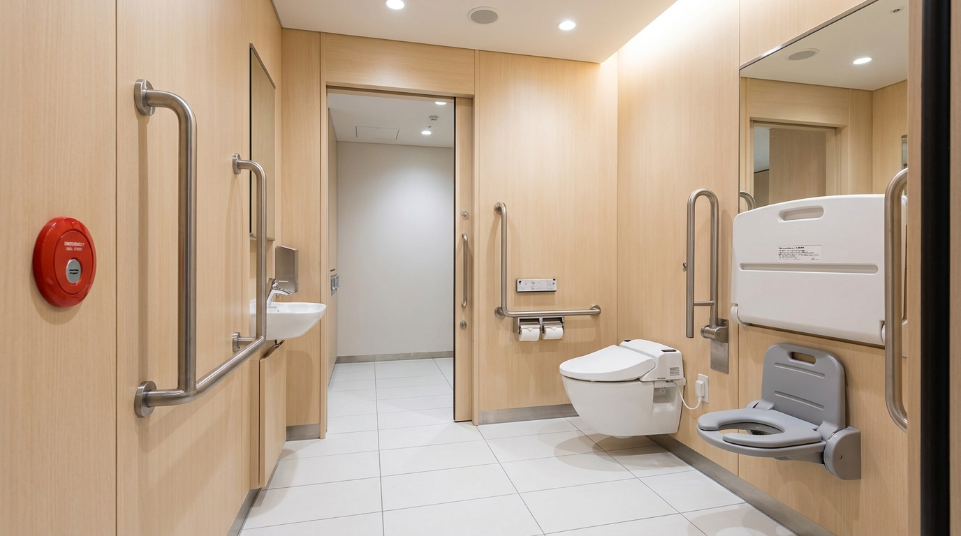 Interior view of a Japanese barrier-free accessible toilet stall with grab bars, baby changing platform, fold-down child seat, and a prominent red emergency call button