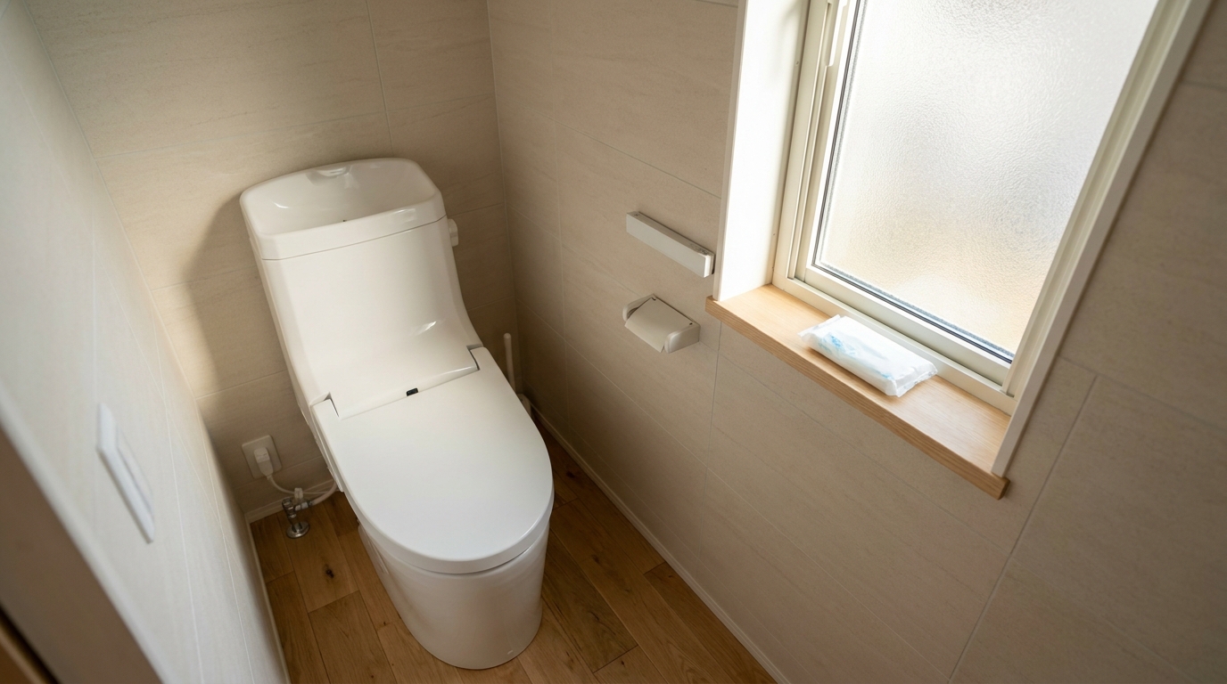 Clean tidy small Japanese toilet room with a modern Western washlet toilet, light wood flooring, and a small unopened pocket tissue pack on the window ledge