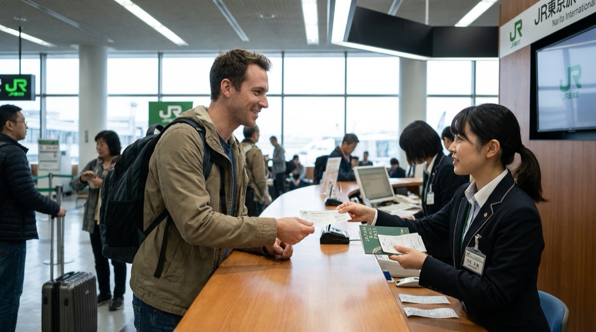 Traveler exchanging a voucher at a JR ticket office counter at Narita Airport