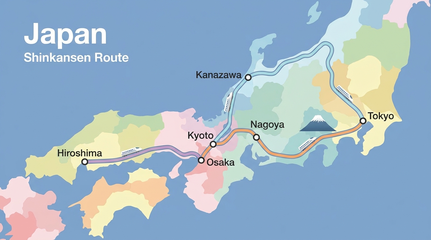 Map of Japan with popular tourist routes using the JR Pass