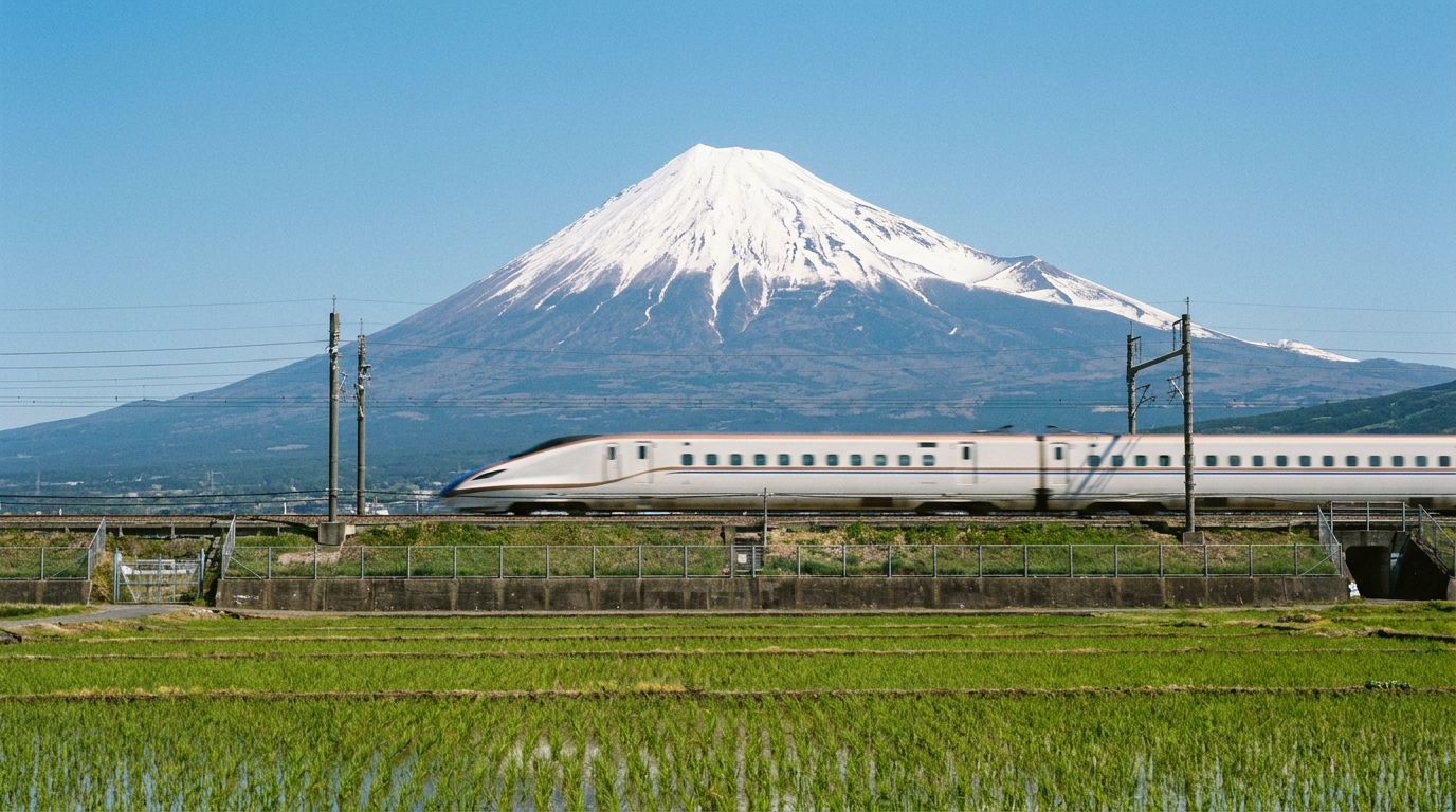 Shinkansen bullet train with Mt. Fuji in the background