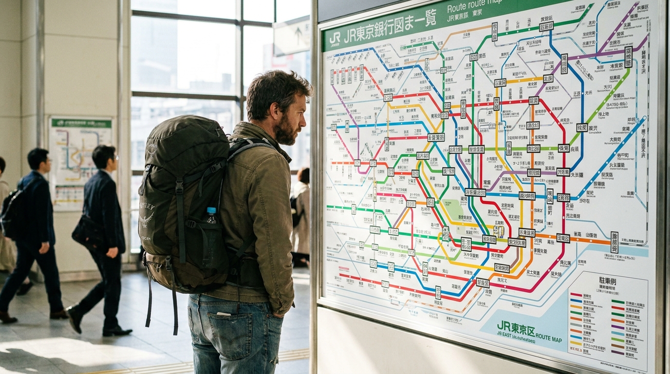 Traveler consulting a large station route map inside a JR station