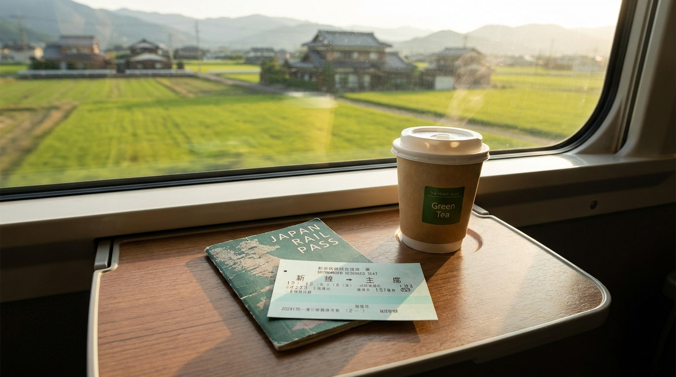 Reserved seat ticket and JR Pass on a Shinkansen tray table