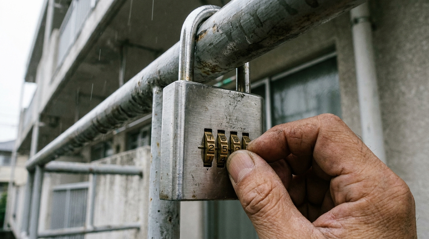 Dial combination lockbox with numbered wheels attached to a handrail