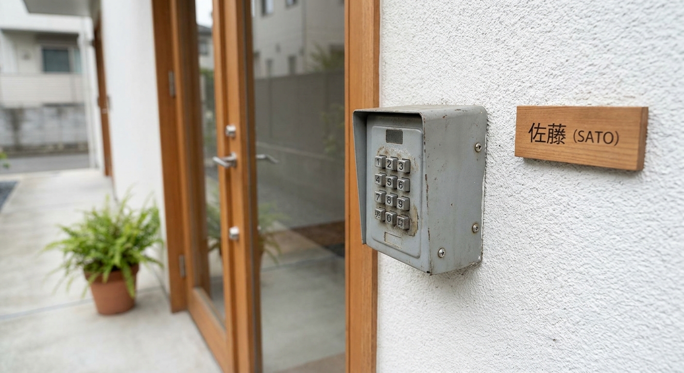 A wall-mounted key box next to the entrance of a Japanese apartment
