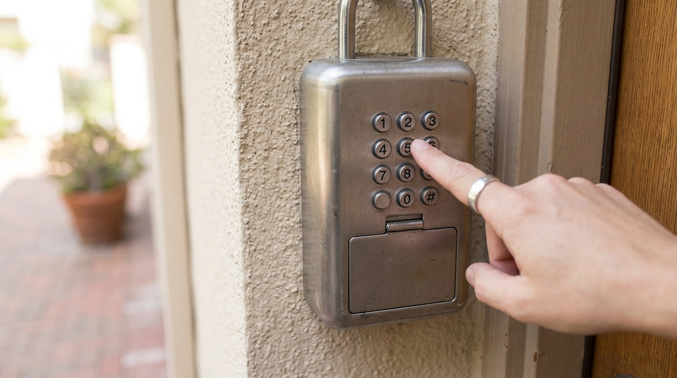 Push-button key lockbox mounted on an apartment exterior wall
